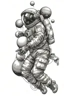 An astronaut floating sideways holding balloons in the shape of planets. tattoo design idea