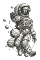 An astronaut floating sideways holding balloons in the shape of planets. tattoo design idea