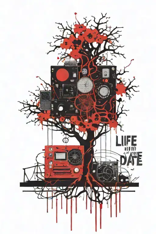 tree of life, circuit board, cyberpunk, text"what is life, but death pending?" tattoo design idea
