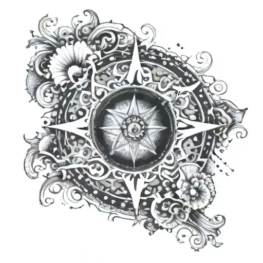 An intricate mandala design incorporating elements of the sea like waves and seashells, with a compass at its center tattoo design idea