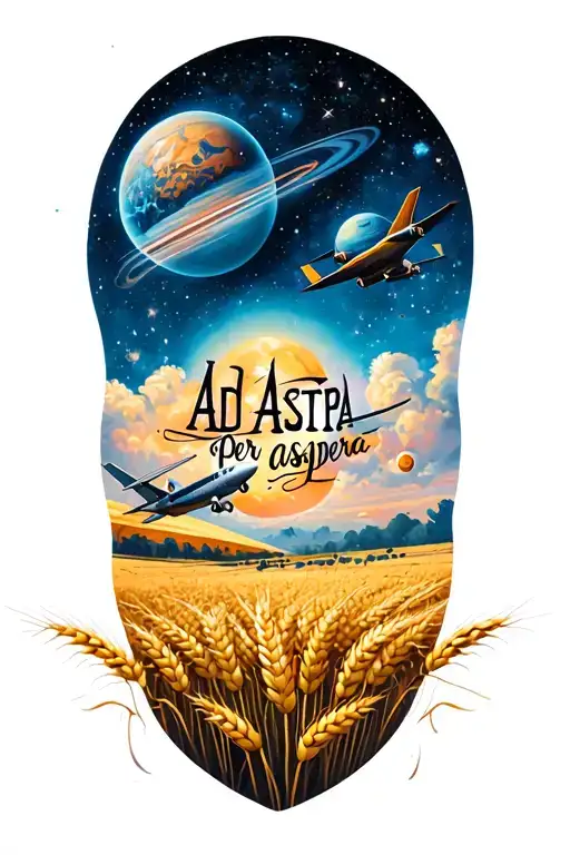 Sleeve tattoo that reads "Ad astra per aspera" and has a background of stars and wheat fields and airplanes and planets  tattoo design idea