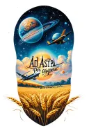 Sleeve tattoo that reads "Ad astra per aspera" and has a background of stars and wheat fields and airplanes and planets  tattoo design idea