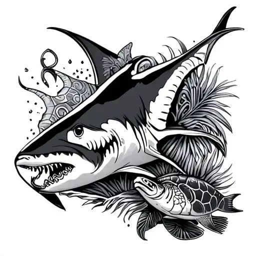 Polynesian leg sleeve including manta ray, turtle, shark and fish hook tattoo design idea