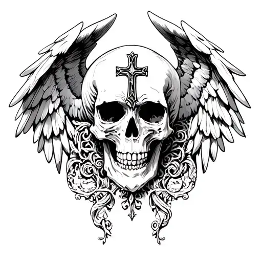 Skull, Cross, Archangel, Gothic Victorian Baroque tattoo design idea