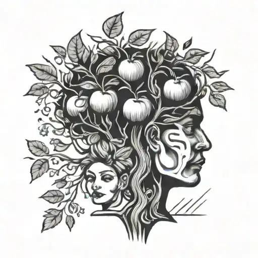 tree instead of apples on which human heads black and white in old school style tattoo design idea