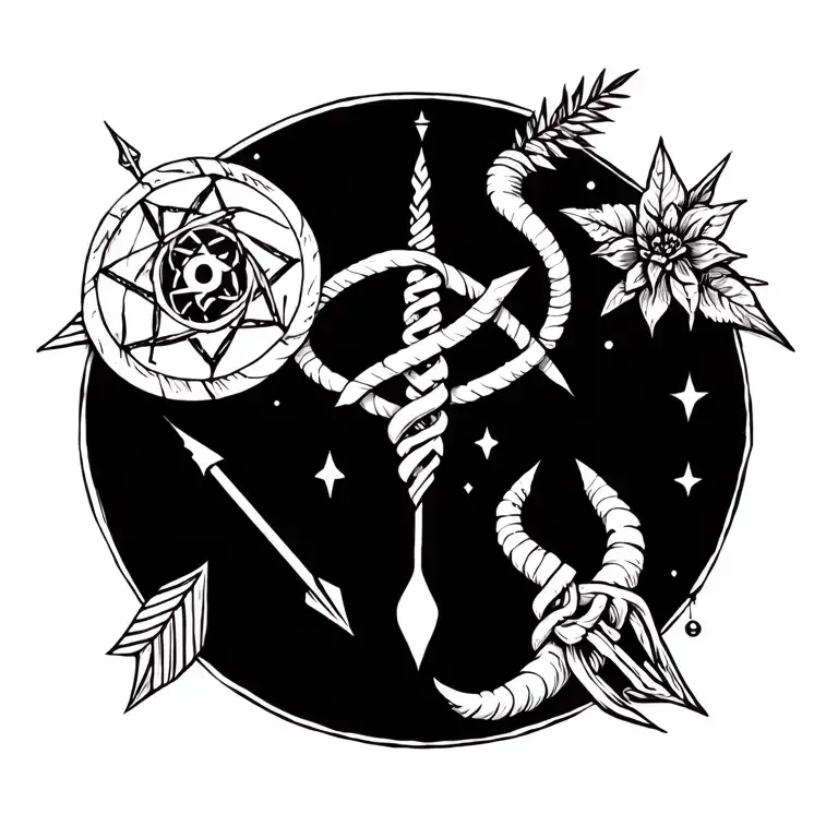 Along the spine, small signs separately witch knot, arrow, Capricorn, guiding star, unalome tattoo design idea