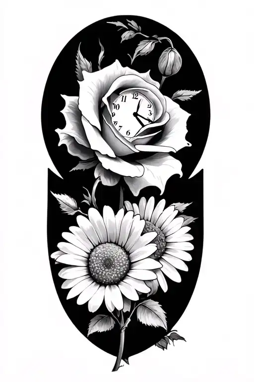 2 roses and iris flower and a daisy flower and a clock tattoo design idea