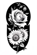 2 roses and iris flower and a daisy flower and a clock tattoo design idea