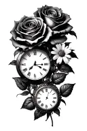 2 roses and iris flower and a daisy flower and a clock tattoo design idea