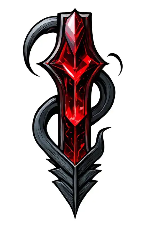 Gothic arrow tattoo, vertical orientation for outer calf. red ruby arrow head. tattoo design idea