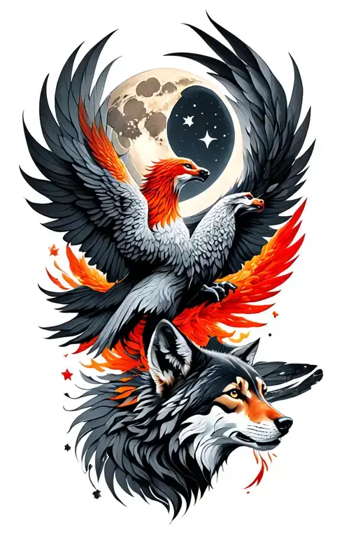 Vertical, fine line, black, grey, red, turkis, phoenix (top and right), moon (middle, center), wolf (bottom and left) tattoo design idea
