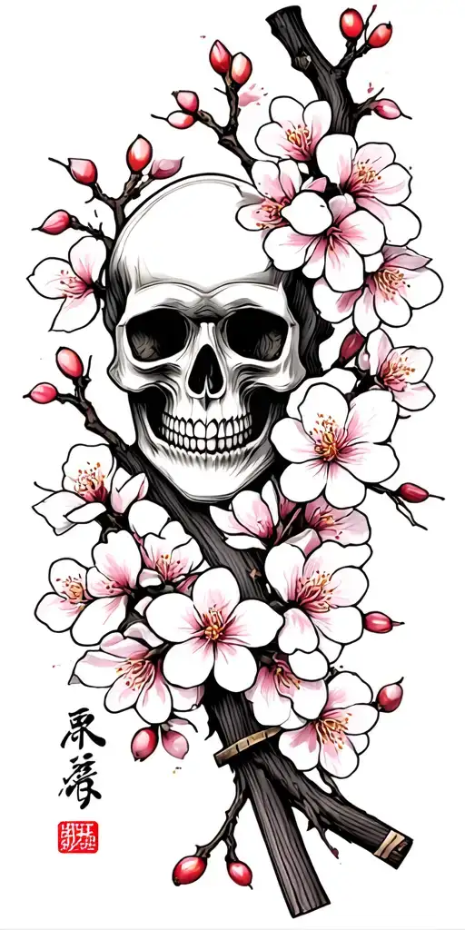 Cherry Blossom branch with Samurai Skull tattoo design idea