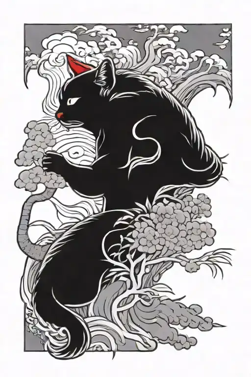 red cat Japan Mountain anni 90 born Gemini tattoo design idea
