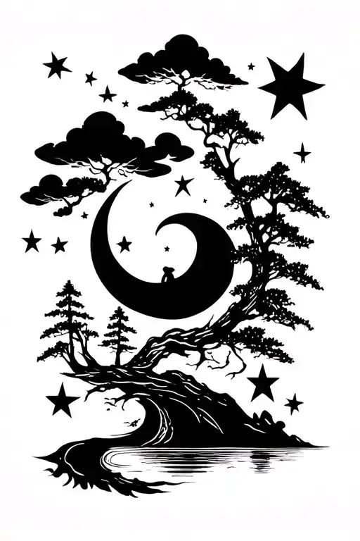 Traditional-style moon, stars, clouds, water, trees, wind, and shadows—realistic detail, muted colors tattoo design idea