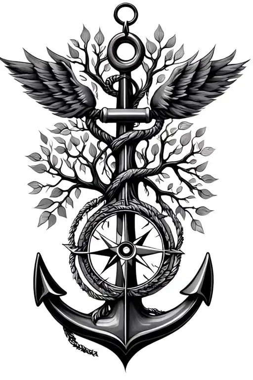 compass anchor intertwined with tree of life intertwined tattoo design idea