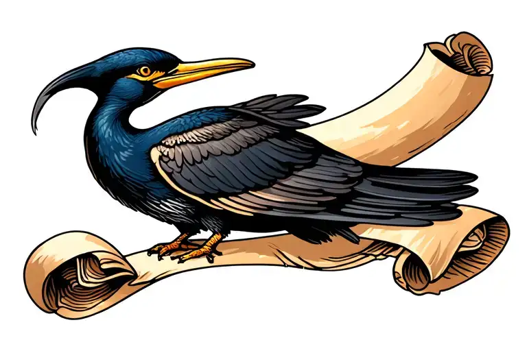 cormorant with parchment scroll tattoo design idea
