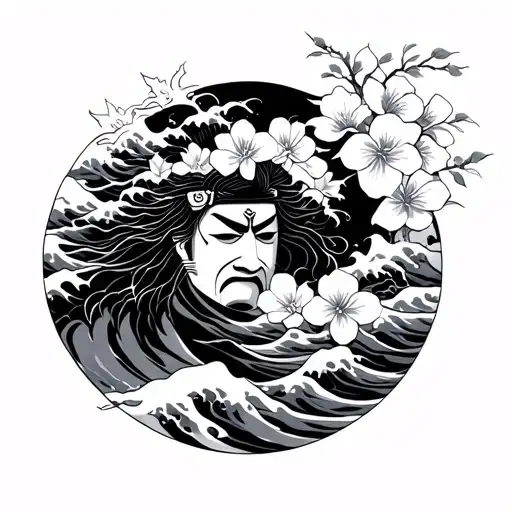 japanese wave with blossoms and samurai mask tattoo design idea
