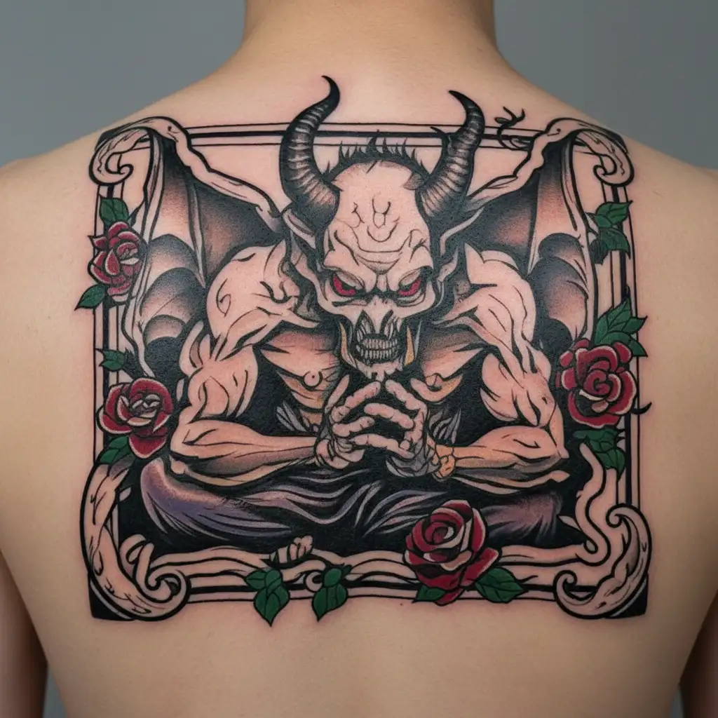devil praying for forgiveness from god playing tattoo design idea