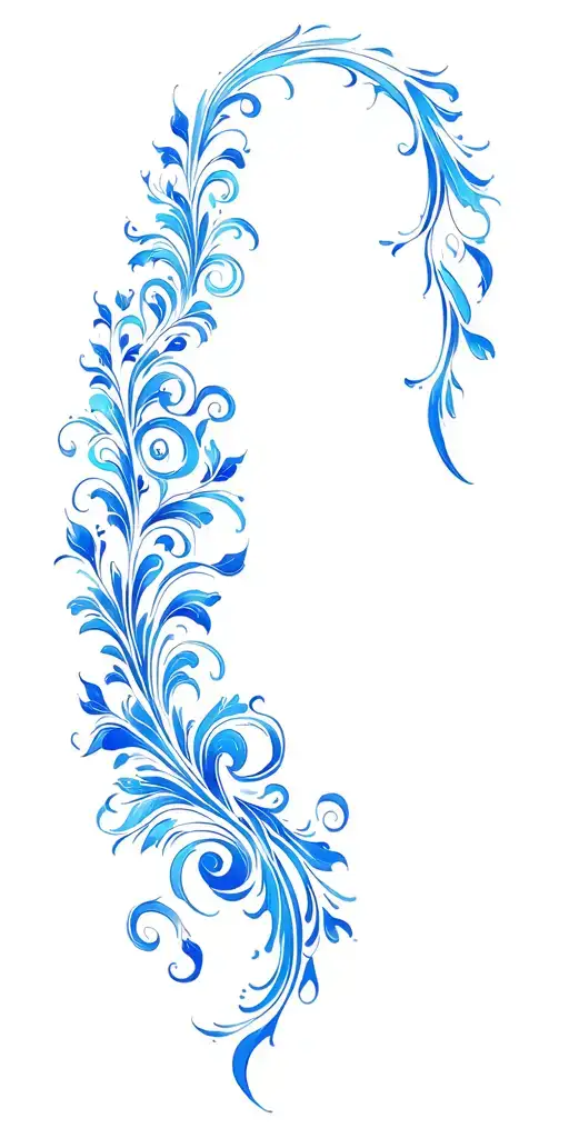 Gzhel style tattoo, blue and white color, as many swirls as possible, without flowers, full sleeve, light colouring  tattoo design idea