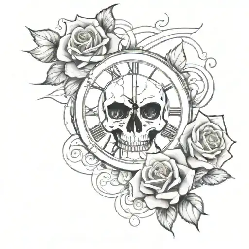 skull and roses and clock tattoo design idea