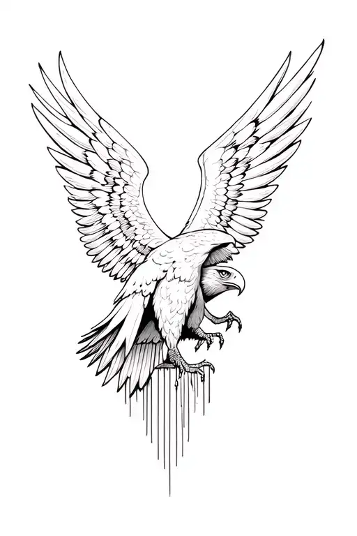 A blackwork tattoo design featuring a divine eagle (Aetus Dios) with glowing eyes and massive wings flying above, symbol tattoo design idea