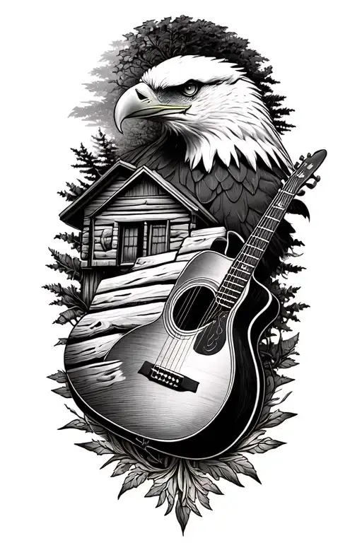 Combine elements of a log cabin, acoustic guitar, and a bald eagle into a cohesive blackwork sleeve tattoo, symbolizing the client's love for music, nature, and patriotism tattoo design idea