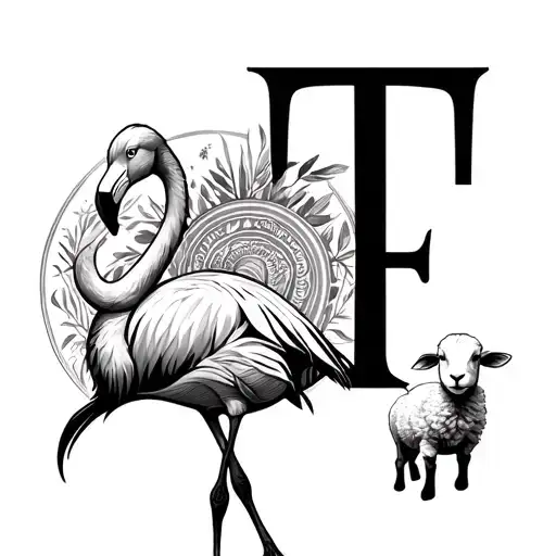 T and F with a flamingo around the F and a lamb around the T, realistic design with abstract drawings around it  tattoo design idea