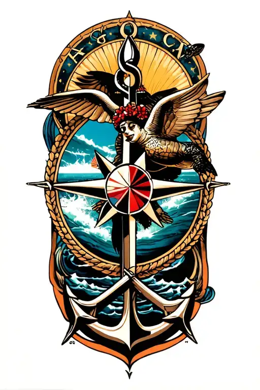Nautical star, Swallow x6, Anchor, Hula Girl, Shellback Turtle, Crossed Cannons, King Neptune, Compass Rose tattoo design idea