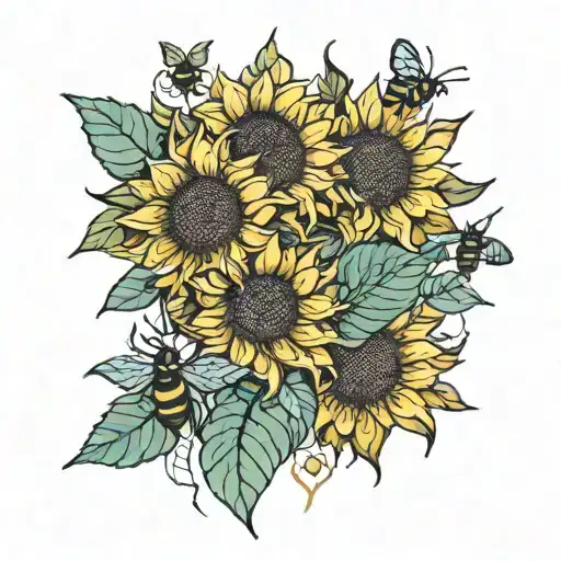 geometric sunflowers and bees  tattoo design idea
