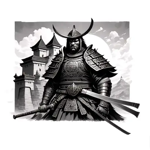 Samurai full armor infront of a castle  tattoo design idea