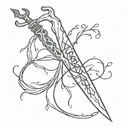 very cursed and curved blade with bloodytree shape and made with a lot of roots and text orgasm donor cyber sigilism tattoo design idea