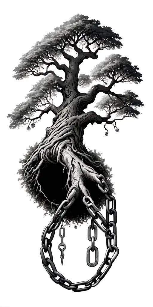 tree of life with chain wrapped around its roots. one link on the chain is broken tattoo design idea