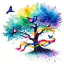 tree with birds and butterflies carrying colorful ribbons tattoo design idea