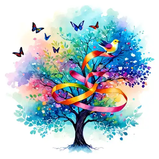 tree with birds and butterflies carrying colorful ribbons tattoo design idea