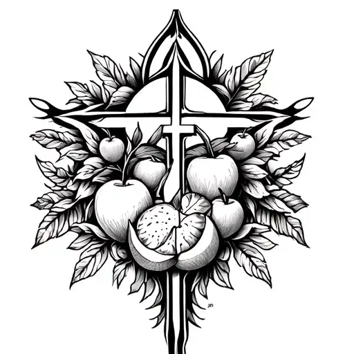 A tattoo design featuring the fruits of the spirit (love, joy, peace, patience, kindness, goodness, faithfulness, gentleness, and self-control) intertwined with symbols of the Holy Trinity (God, Jesus, and the Holy Spirit) tattoo design idea