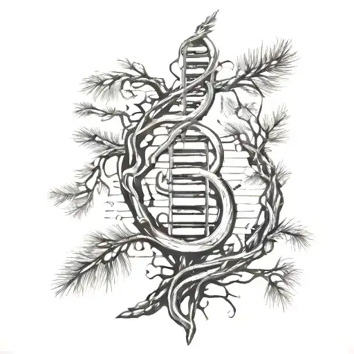 pine tree with roots that weave into DNA strand and the roots look like a music staff with notes in it tattoo design idea