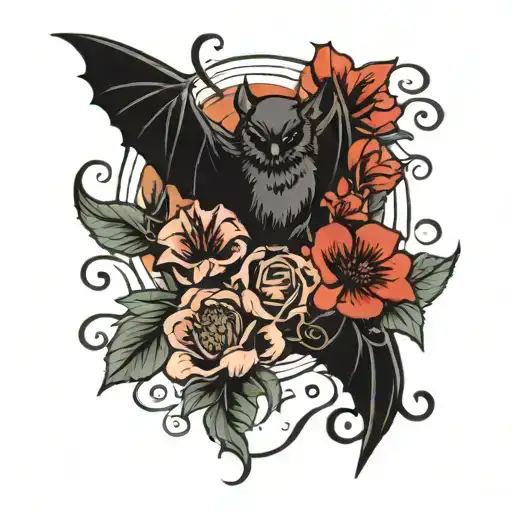 Red flowers with a black bat flying tattoo design idea
