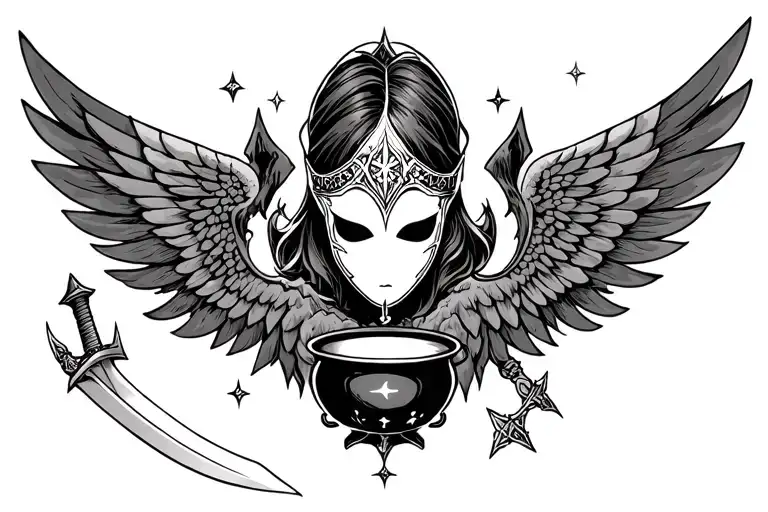ACOTR tattoo, with mascarde mask, Rhysand's wings, mountain with stars, cauldron and sword tattoo design idea