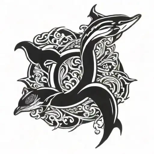 A tattoo of a Christian cross made out of dolphins swimming in a circular pattern, symbolizing faith and love for marine life tattoo design idea