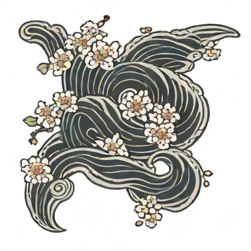 Japanese cherry blossoms with waves flowing and elegant script surrounded tattoo design idea