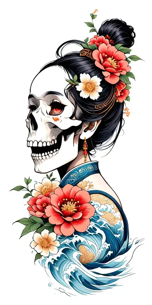 sexy samurai woman skull whit flowers and waves tattoo design idea
