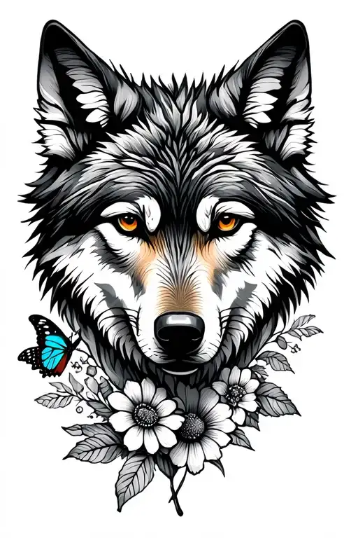 Wolf head and flowers and butterflies tattoo design idea