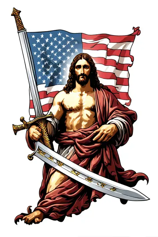 jesus holding sword us flag on right nc flag on left tattoo design idea