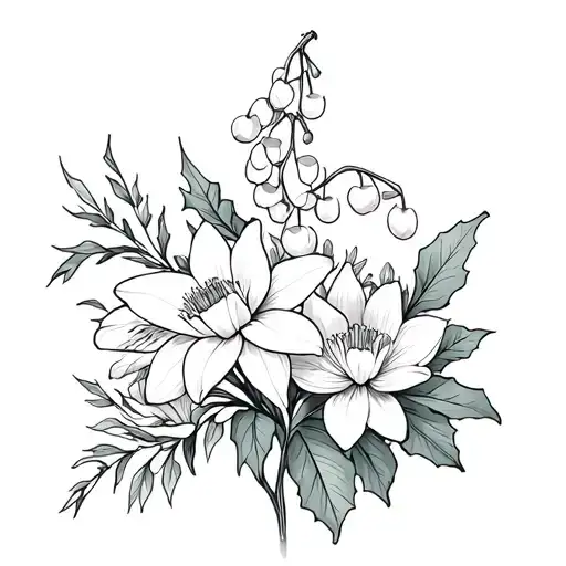 create a flower bouquet with a  daffodil, lily of the valley, water lily, and holly that has one main stem  tattoo design idea