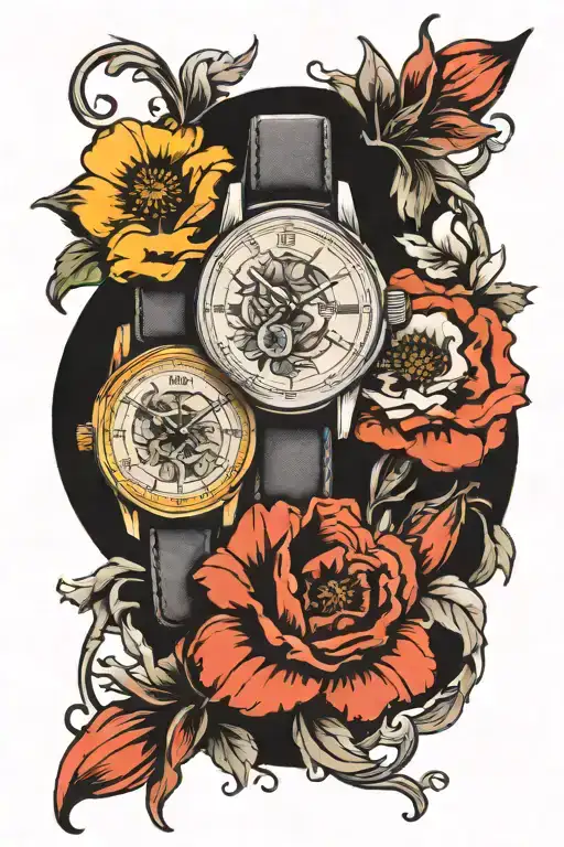 3 watches vertically, Larkspur, cosmos, gladiolus, poppy tattoo design idea