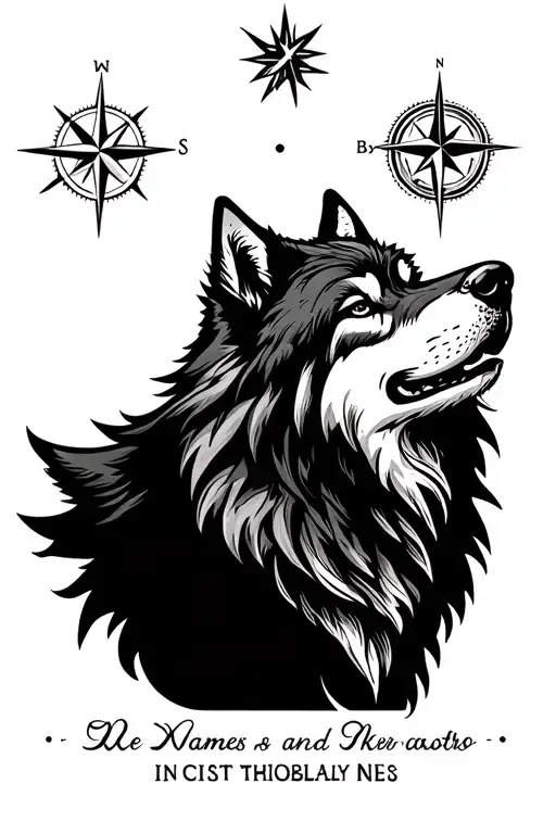 Wolf and compass and first names my children tattoo design idea