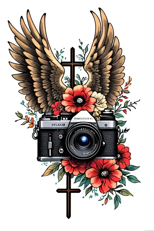 professional camera with wings like a memorial that has some masculine floral, and a cross tattoo design idea