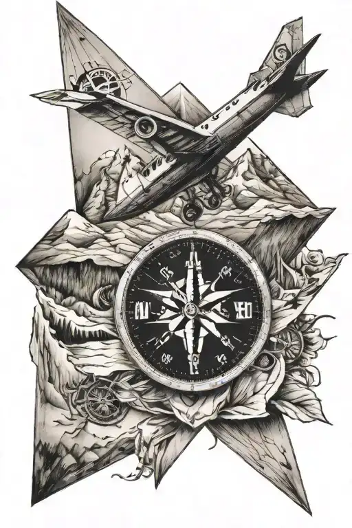 paper plane with compass with mountains tattoo design idea