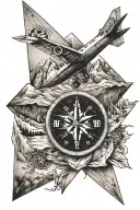 paper plane with compass with mountains tattoo design idea