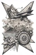 paper plane with compass with mountains tattoo design idea